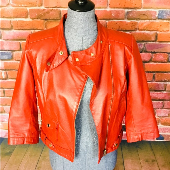 Red Genuine Leather Cropped Motorcycle Jacket - Picture 2 of 5